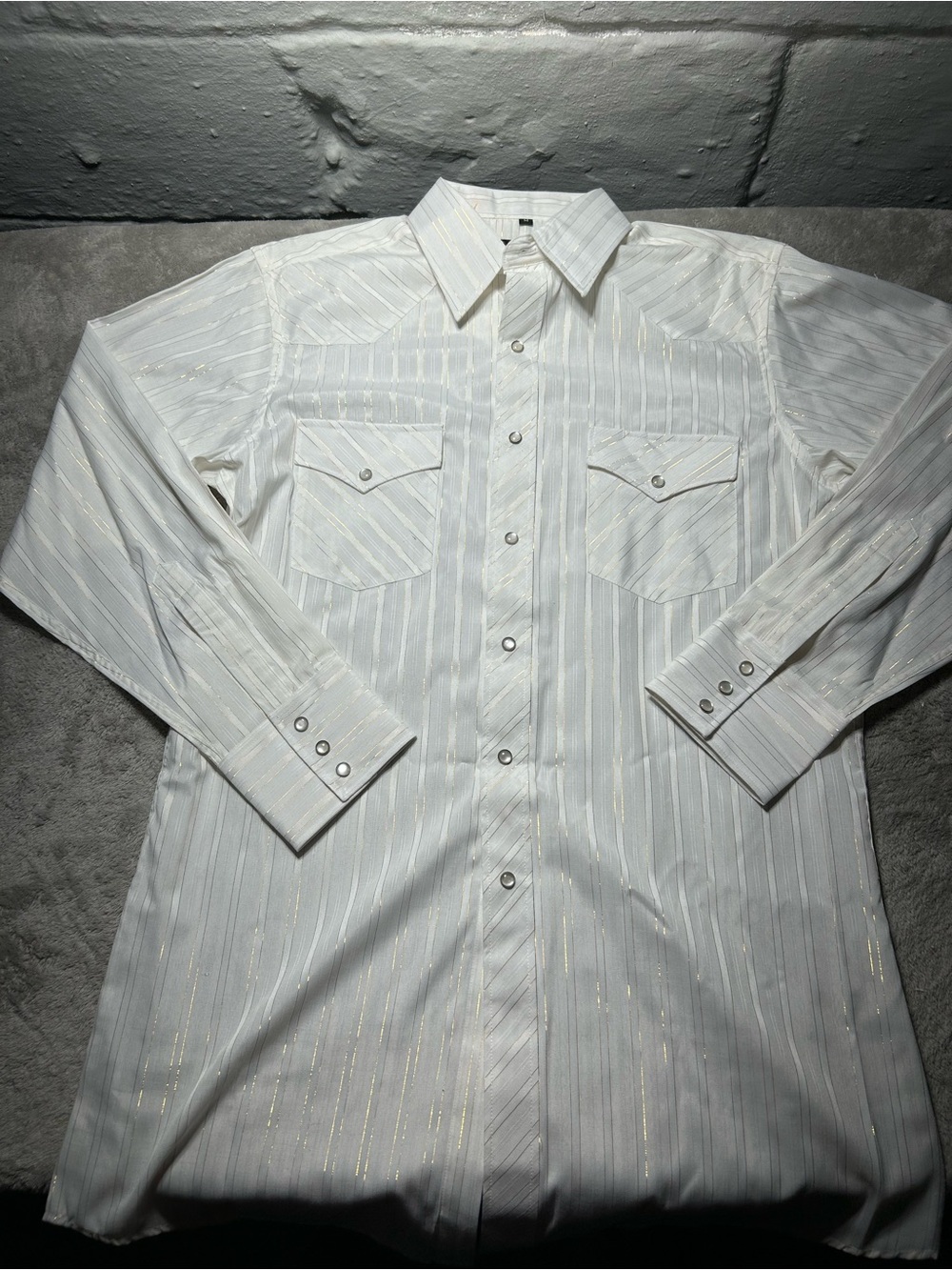 White Horse Mens M White & Gold Metallic Striped Pearl Snap Western Shirt